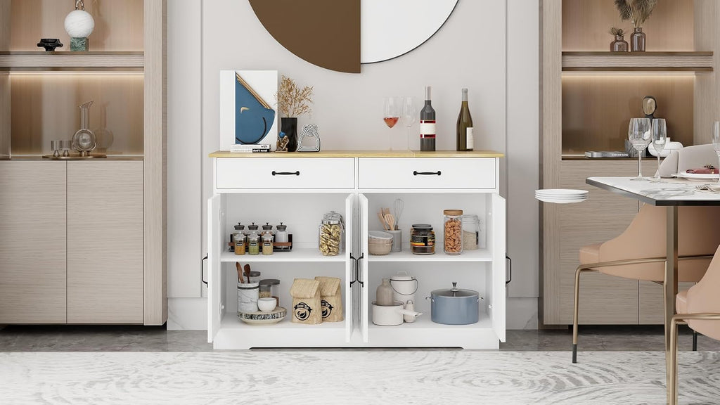 48' E1 MDF 3-Coat Paint Freestanding Storage Cabinet, Kitchen Storage Bakers Rack with Anti-tip Design, Utility Food Cupboard for Home Spaces, White