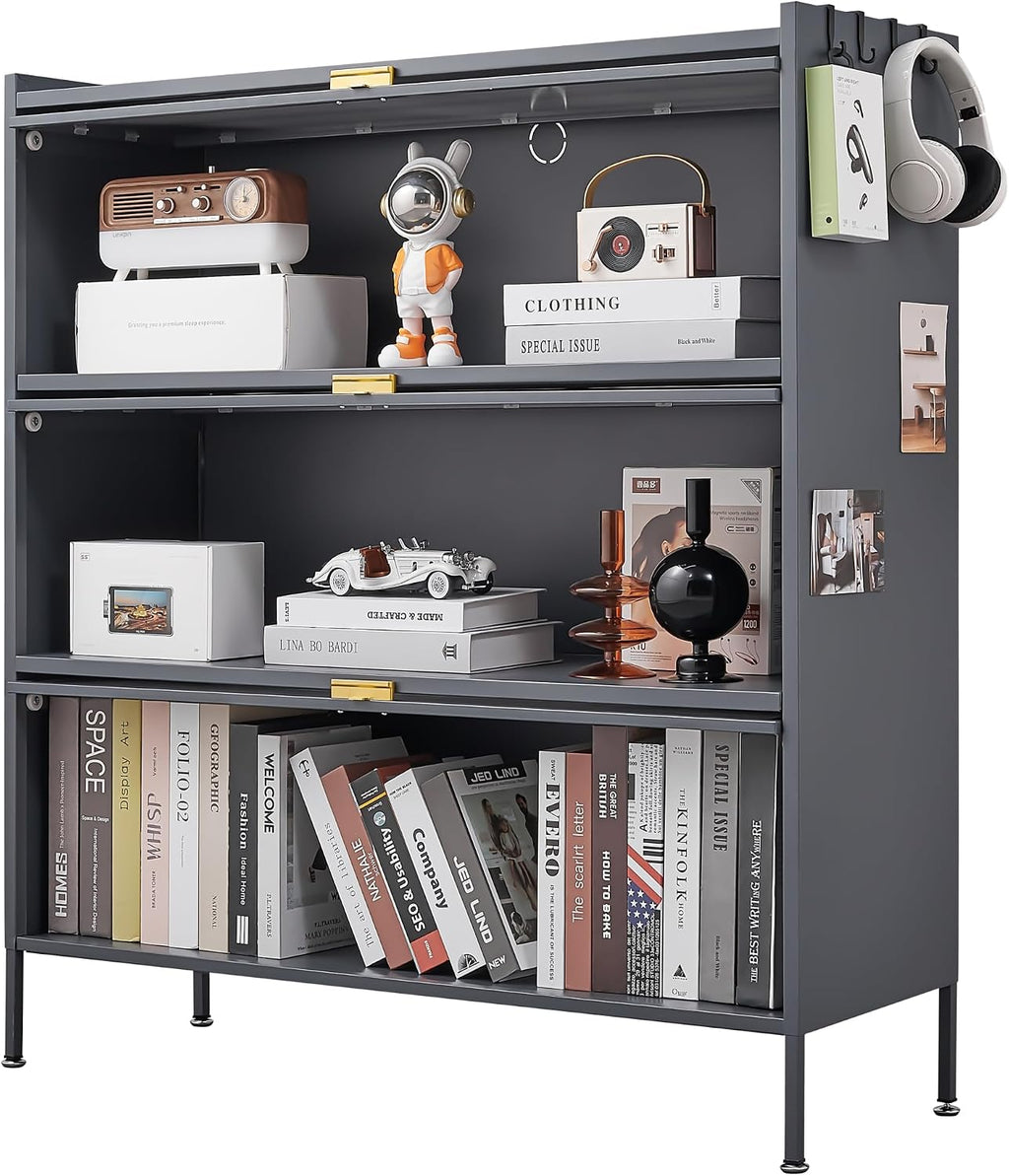 3 Tier Pantry Storage Cabinet with PC Glass Doors Baker Rack Kitchen Storage Cabinet Freestanding Microwave Stand with Adjustable Shelves Multi-Purpose Organizer for Kitchen Dining Room Black