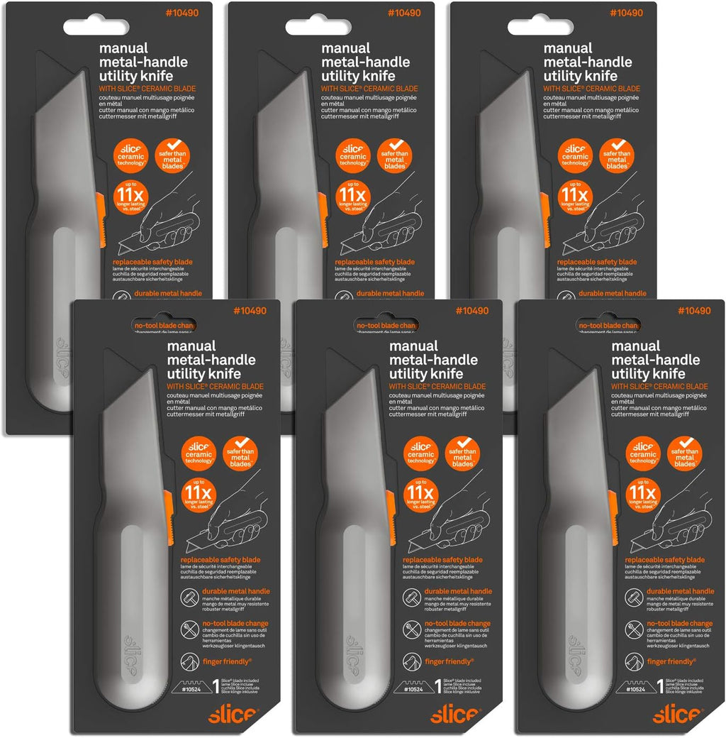 Slice 10490 Metal-Handle Utility Knife, Finger Friendly Ceramic Blade, 3 Cutting Depths, Comfortable Heavy Metal Grip, Stores Extra Blade - 6 Pack