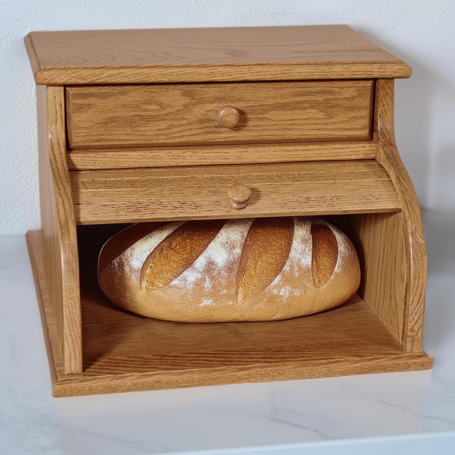 DutchCrafters Amish USA Made Solid Wood Countertop Bread Box with Drawer, Bread Holder for Kitchen Counter, Large Bread Box for Kitchen Countertop (Oak - Medium Walnut)