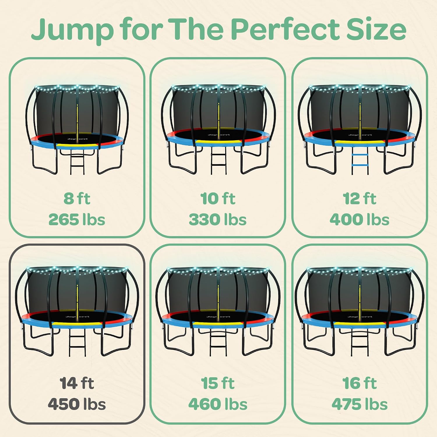 JoyBerri Trampoline Outdoor - Upsurge ASTM Certified Safe 8Ft 10Ft 12Ft 14Ft 15Ft 16Ft Recreational Trampoline for Kids and Adults. Anti-Rust Coating with Enclosure Net, Ladder, Sprinkler & LED Lights