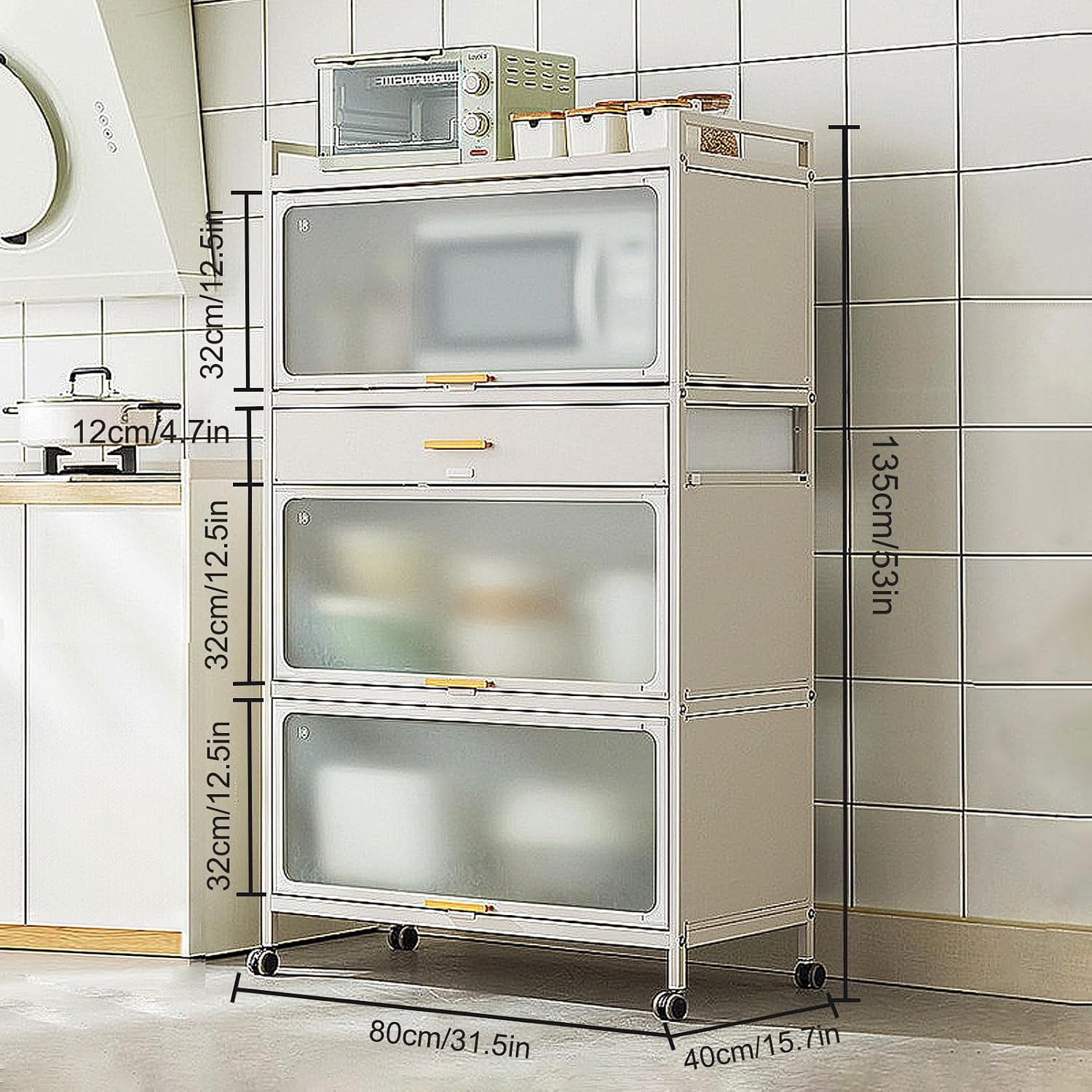 Kitchen Baker's Rack with Flip Door Cabinet, 5-Tier Microwave Stand with Drawer, Large Metal Storage Shelves with Brakeable Casters for Garage Pantry Home Kitchen Pots,Black,80×135cm/31.5×53in