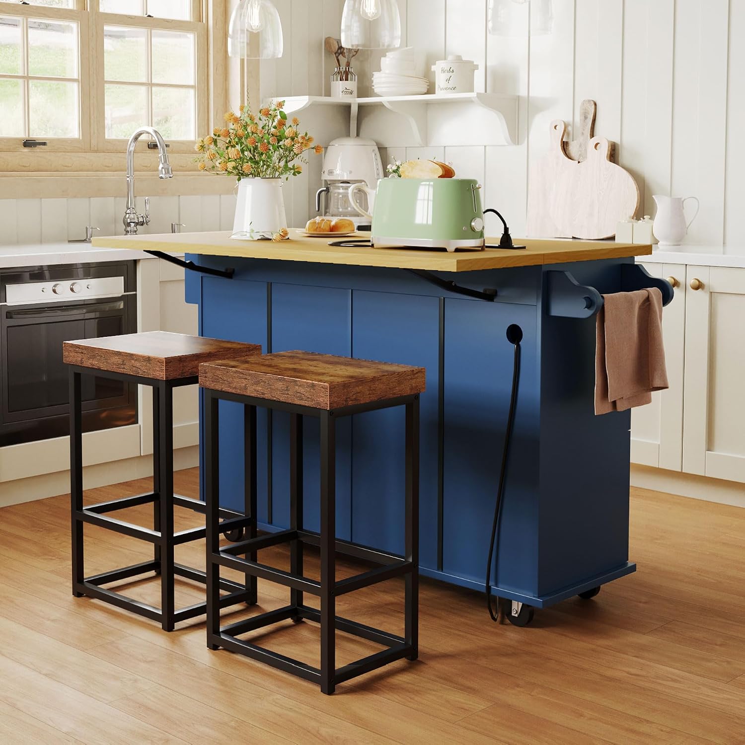 Bellemave Farmhouse Kitchen Island on Wheels with 11.8inch Drop Leaf, 2 Stools, Power Outlet,Kitchen Cart with Storage Cabinet, 2 Drawers, Door Shelves and Towel Rack(Blue)