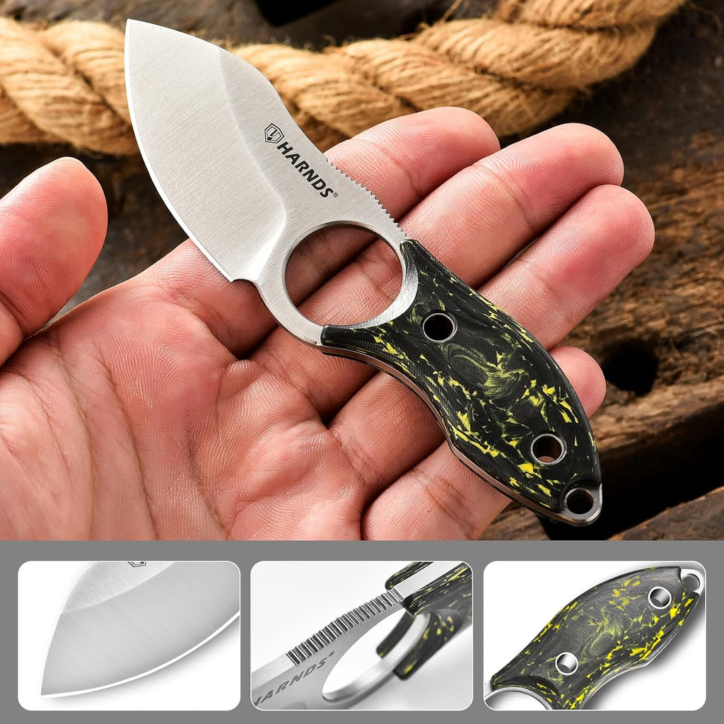 Harnds Small Fixed Blade Knife Full Tang EDC Knives, Neck Knife with N690 Steel Blade and Carbon Fiber Handle for Fishing and Skinning Eggplant