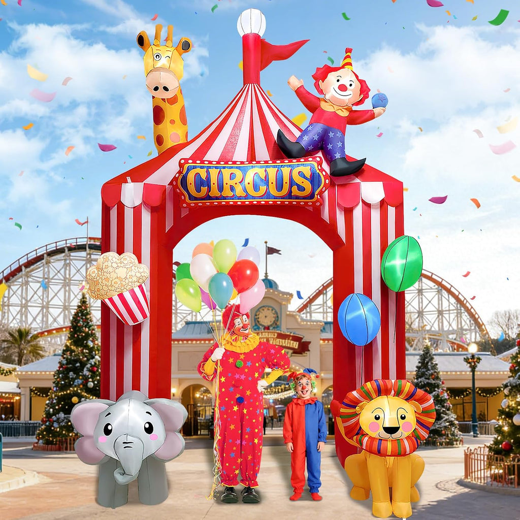 Kalolary 10FT Circus Party Arch Outdoor Decoration Inflatable, Blow Up Animal Inflatable with Built-in LED for Carnival Theme Birthday Halloween Christmas Outdoor Yard Garden Decor