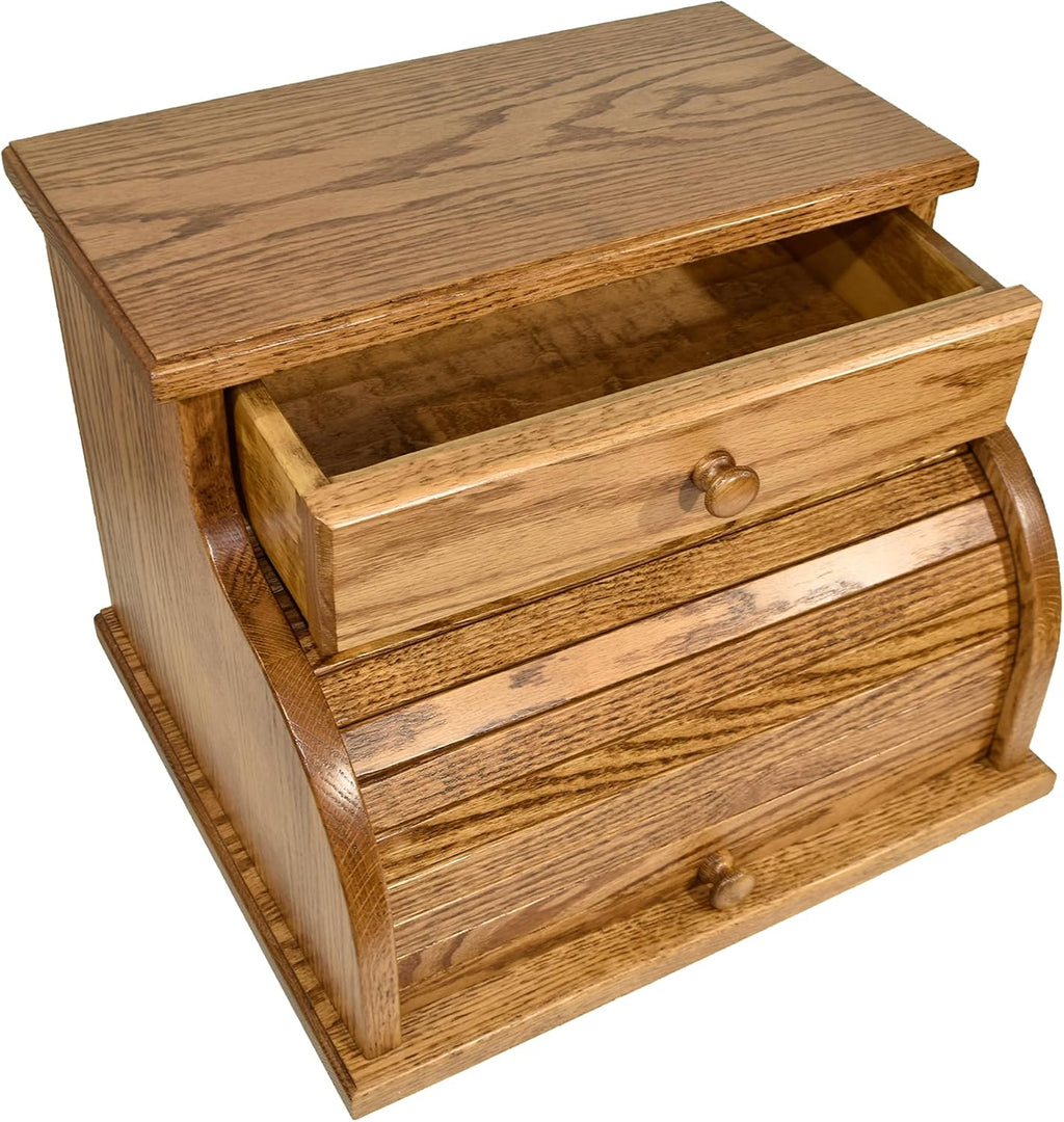 DutchCrafters Amish USA Made Solid Wood Countertop Bread Box with Drawer, Bread Holder for Kitchen Counter, Large Bread Box for Kitchen Countertop (Oak - Medium Walnut)