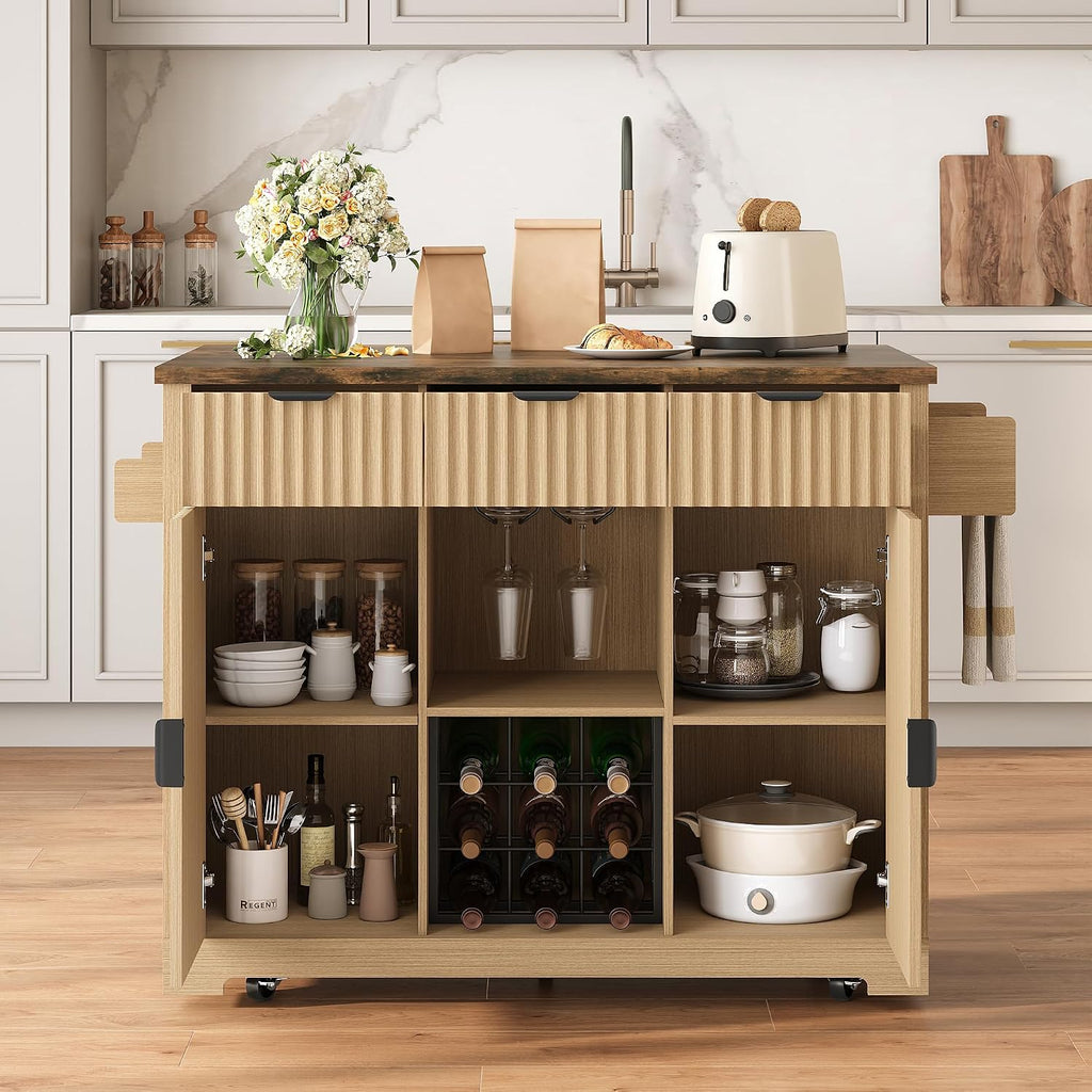 Vabches Rolling Kitchen Island with Folding Drop Leaf,50'' Wine Cabinet with Storage, Buffet Cabinet on Wheels with Wine Rack for Kitchen, Bar Cart on Wheels with Fluted Design, Nautral
