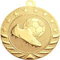 50 Pack of 2 inch Diameter Die-Stamped Solid Metal Soccer Gold Medals with Red White and Blue Neck Ribbons.