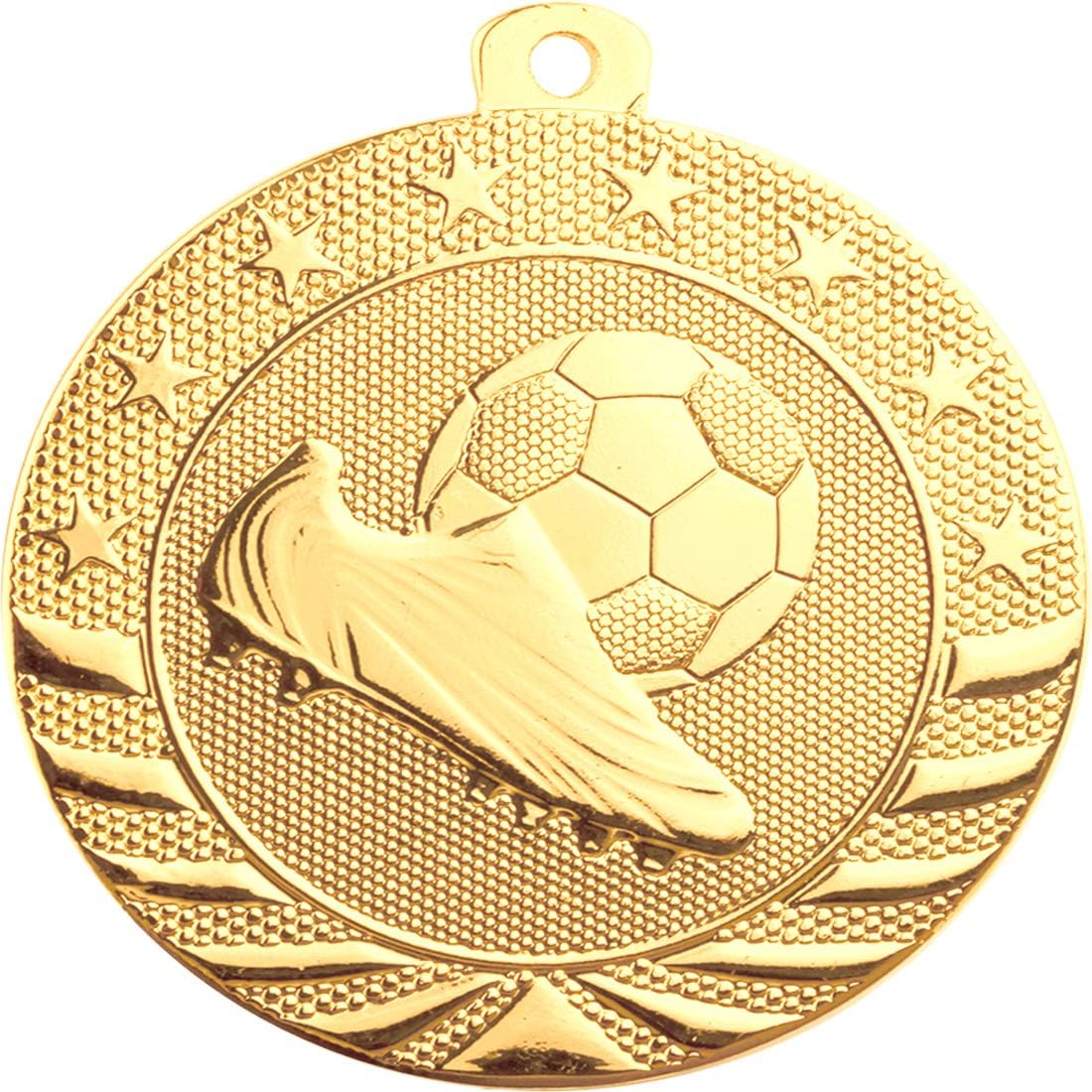 50 Pack of 2 inch Diameter Die-Stamped Solid Metal Soccer Gold Medals with Red White and Blue Neck Ribbons.