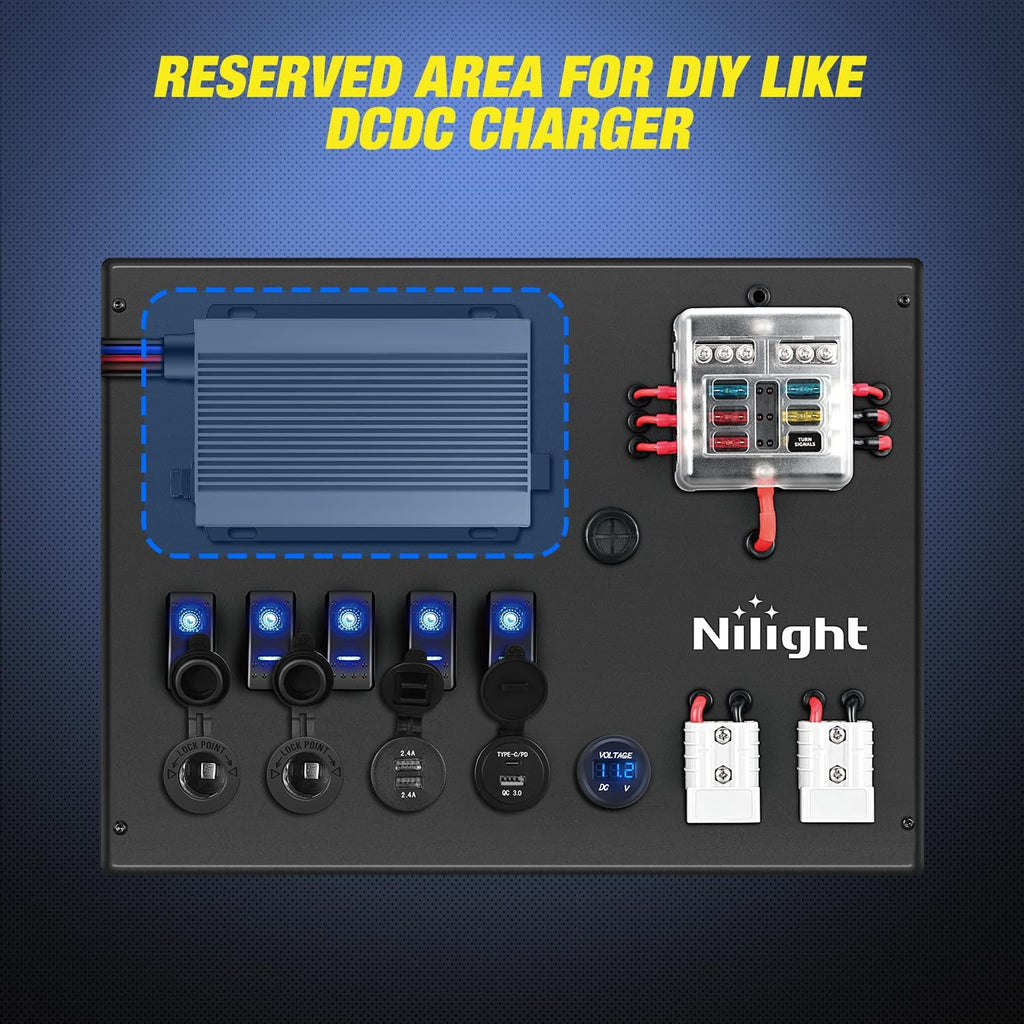 Nilight 12V/24V Camping Electrical System Centre Battery Power Control Box Fuse Block Switches Cigar Socket Voltmeter USB Charger Anderson Connector Ideal for RV Car Canopy Caravan Camper Trailer Van