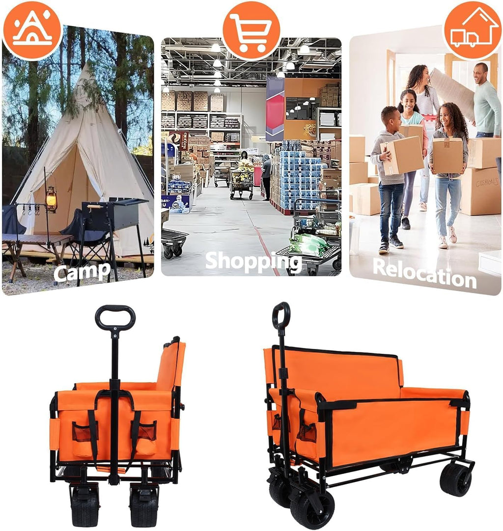3-in-1 Convertible Folding Wagon Cart with Bench Seat & Storage - 500lbs Heavy-Duty Utility Wagon, 180L Capacity All-Terrain Wheels for Camping, Beach, Sports, Garden ﻿ (Orange)