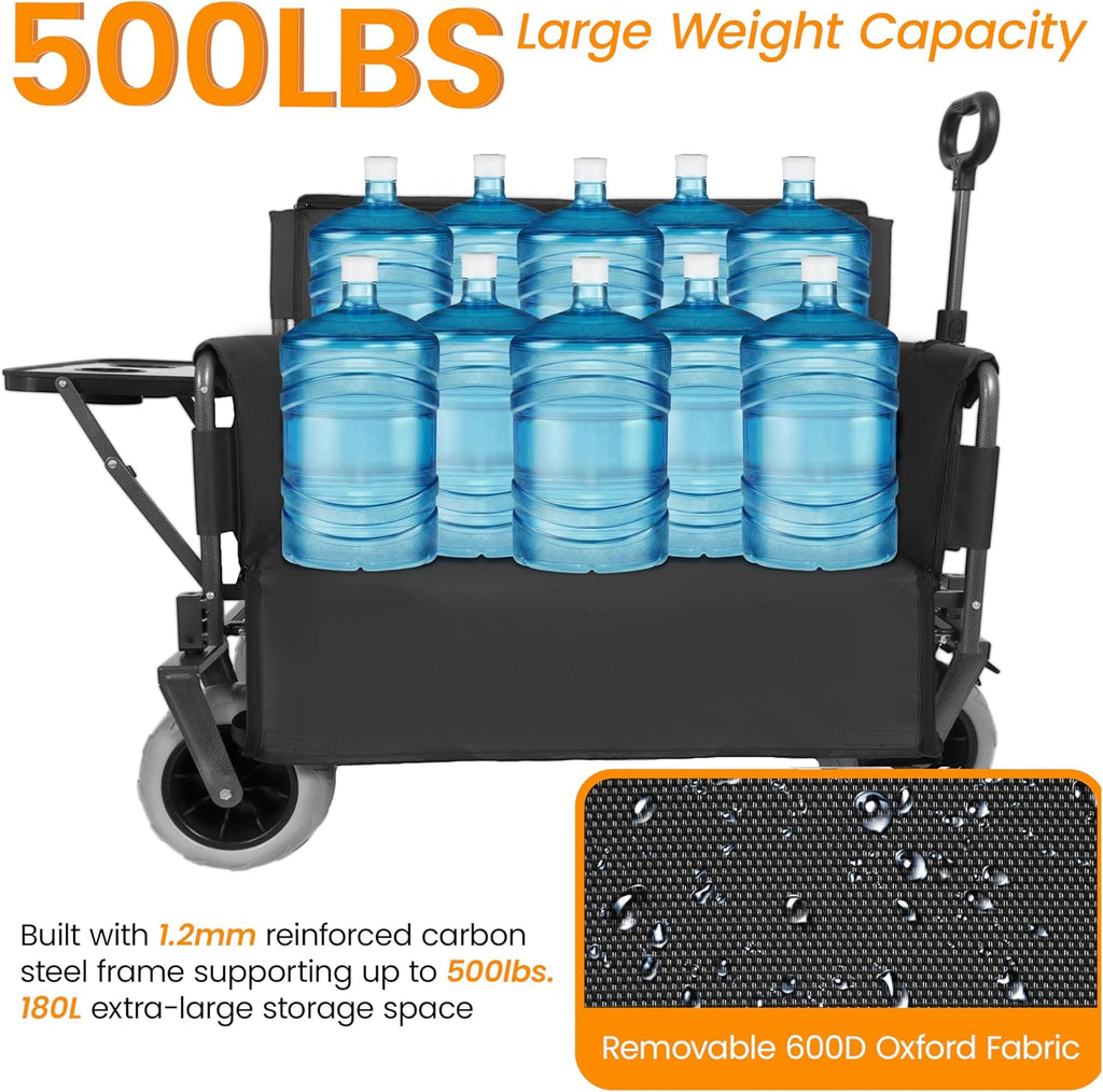 Convertible Folding Wagon Cart with Bench Seat & Rear Table, 500lbs Capacity Heavy-Duty 3-in-1 Collapsible Wagon for Camping, Garden & Outdoor Events (Black)