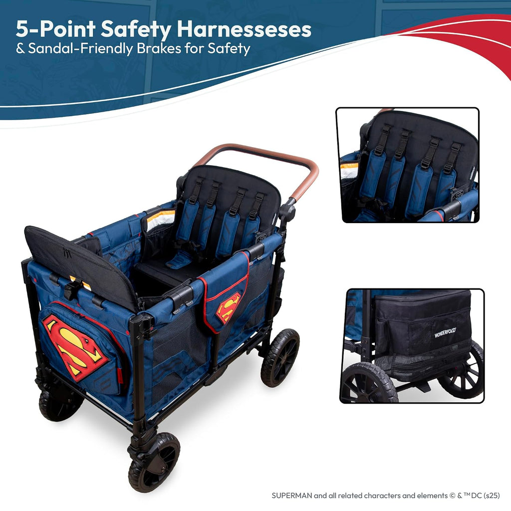WONDERFOLD W4 Luxe Pro Special Edition Superman Stroller Wagon (4 Seater) - Collapsible Wagon Stroller with Seats with 5-Point Harnesses, Easy Access Zipper Door, and Removable Sun Canopy