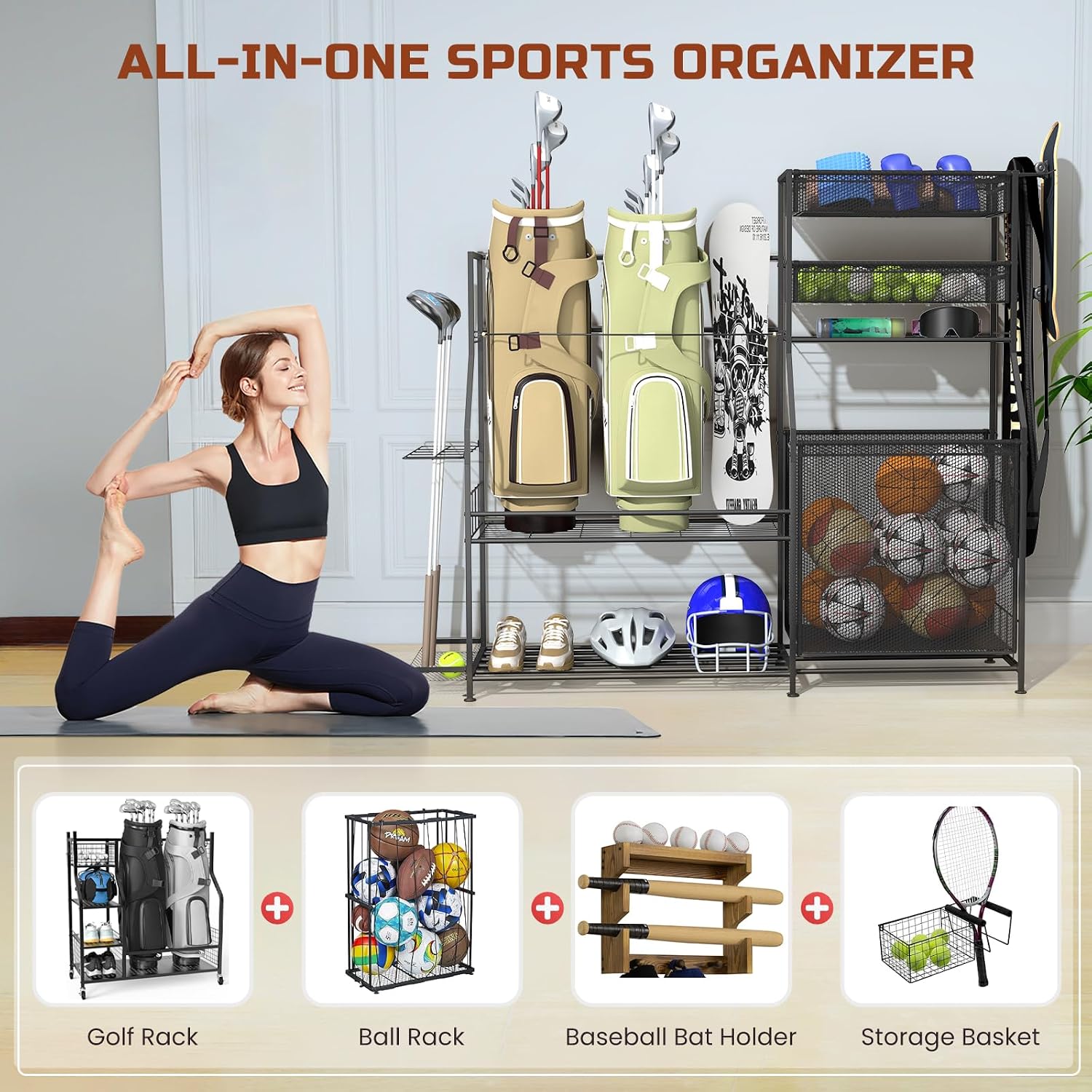 Garage Sports Equipment Organizer,3 Golf Bags Storage Stand,Heavy-Duty Ball Storage Rack with Basket and Hooks,Space-Saving Design for Toy Sports Gear Storage Indoor/Outdoor Use