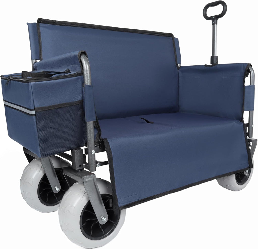 Dark Blue Collapsible Wagon, Bench Seat & Storage, All-Terrain Wheels, Steel Frame, Folding Camping Cart for Beach, Sports, Fish, 40.94x20.47x44.29 in