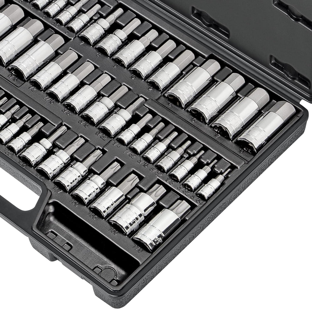 CARBYNE 50-Piece Master Torx and Allen Bit Socket Set S2 Steel SAE and Metric Hex and Star Bit Sockets 1/4 in 3/8 in and 1/2 in Drive Torx T6 to T70 for Automotive and Motorcycle Repair