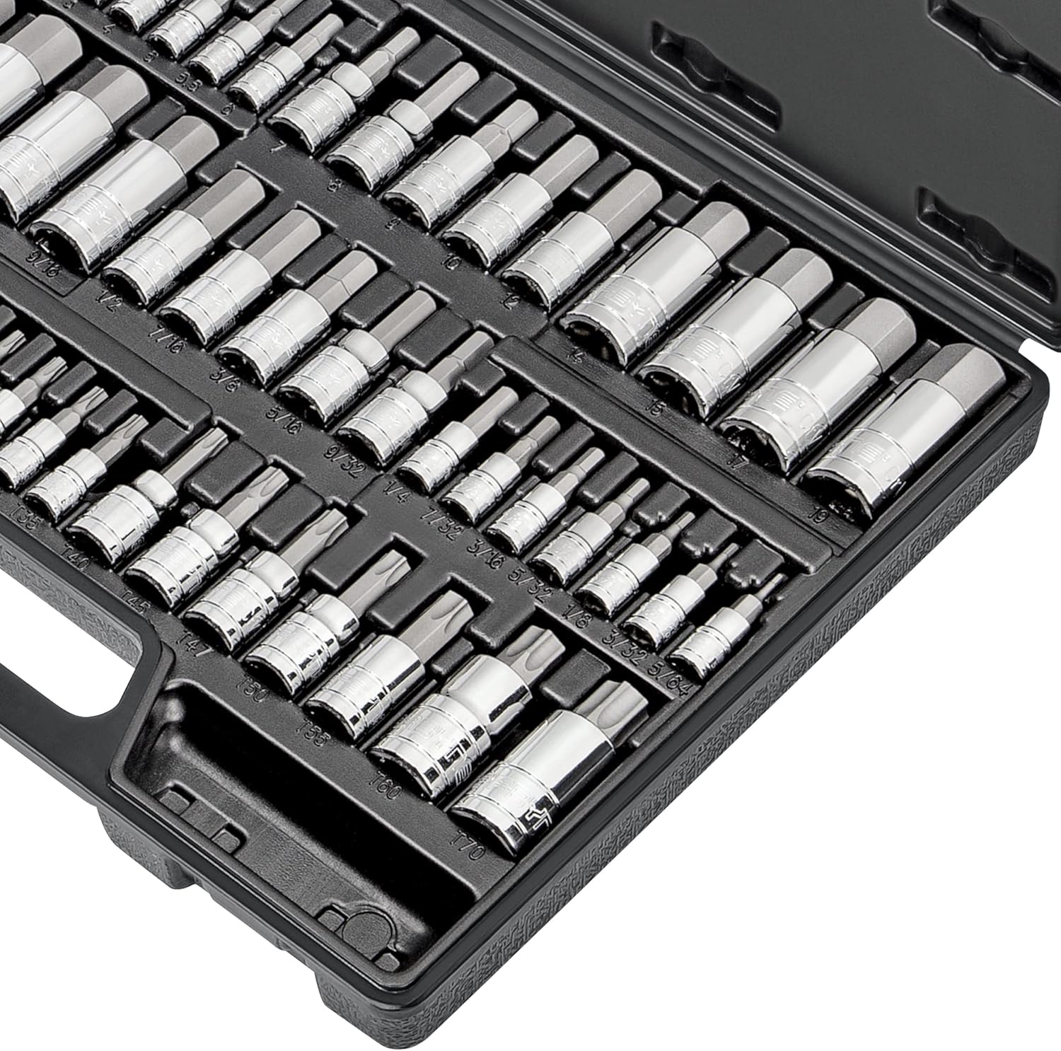CARBYNE 50-Piece Master Torx and Allen Bit Socket Set S2 Steel SAE and Metric Hex and Star Bit Sockets 1/4 in 3/8 in and 1/2 in Drive Torx T6 to T70 for Automotive and Motorcycle Repair