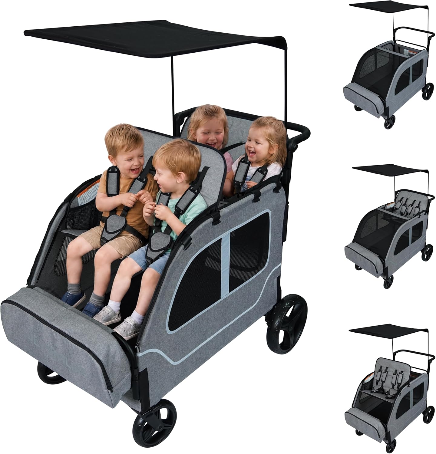 Car-Shaped Large 4 Seater Stroller Wagon for 2 3 Kids Toddler Child Foldable All-Terrain Triple Quad Wagon with Removable Canopy, 5-Point Harness, Storage Bag Shopping Outdoor Light Grey