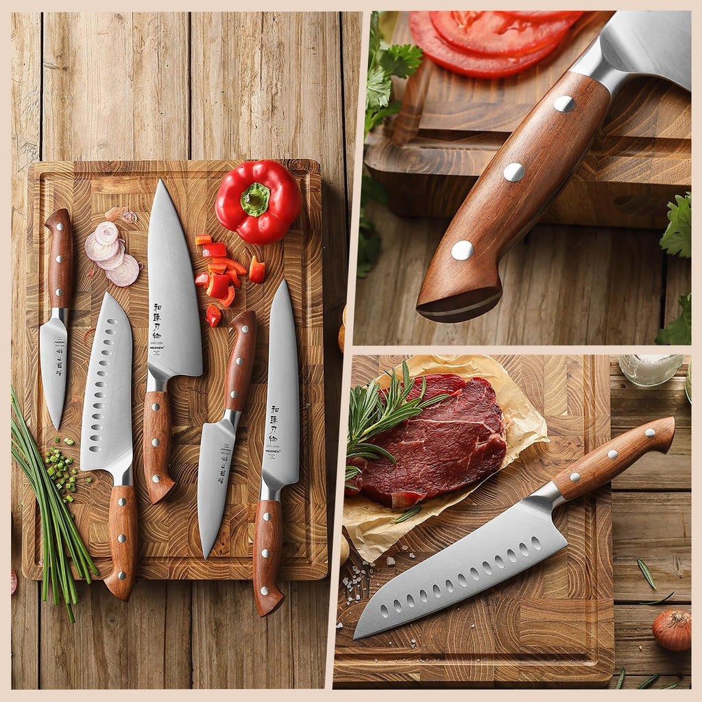 HEZHEN Knife Set,5 Piece Kitchen Chef Knife Set, German High Carbon Stainless Steel Ultra Sharp Chef Santoku Slicing Utility Paring Knives Sets, Ergonomic Full Tang Handle Cooking Cutlery Set Gift