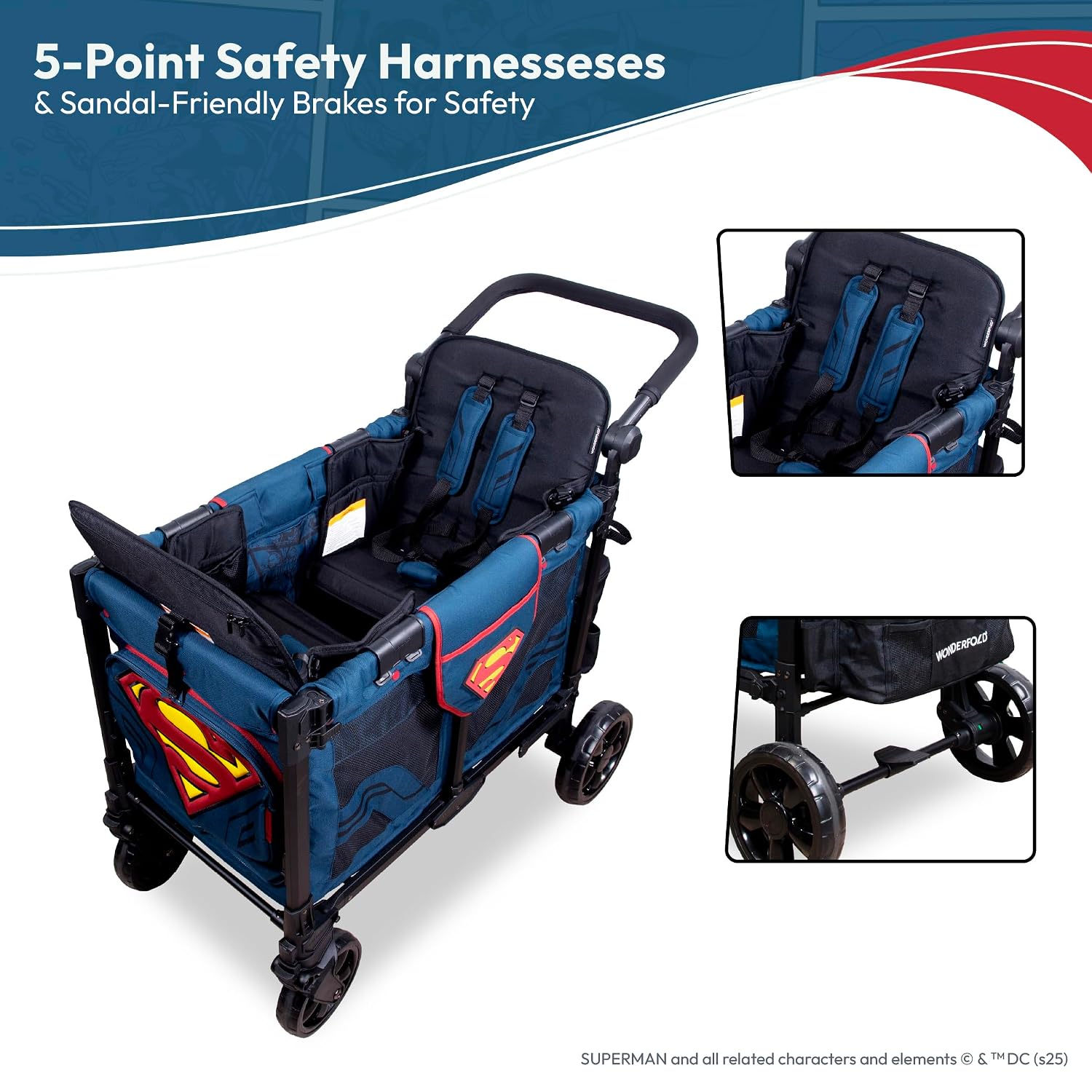 WONDERFOLD W2 Elite Pro Special Edition Superman Stroller Wagon (2 Seater) - Collapsible Wagon Stroller with Seats with 5-Point Harnesses, Easy Access Zipper Door, and Removable Sun Canopy