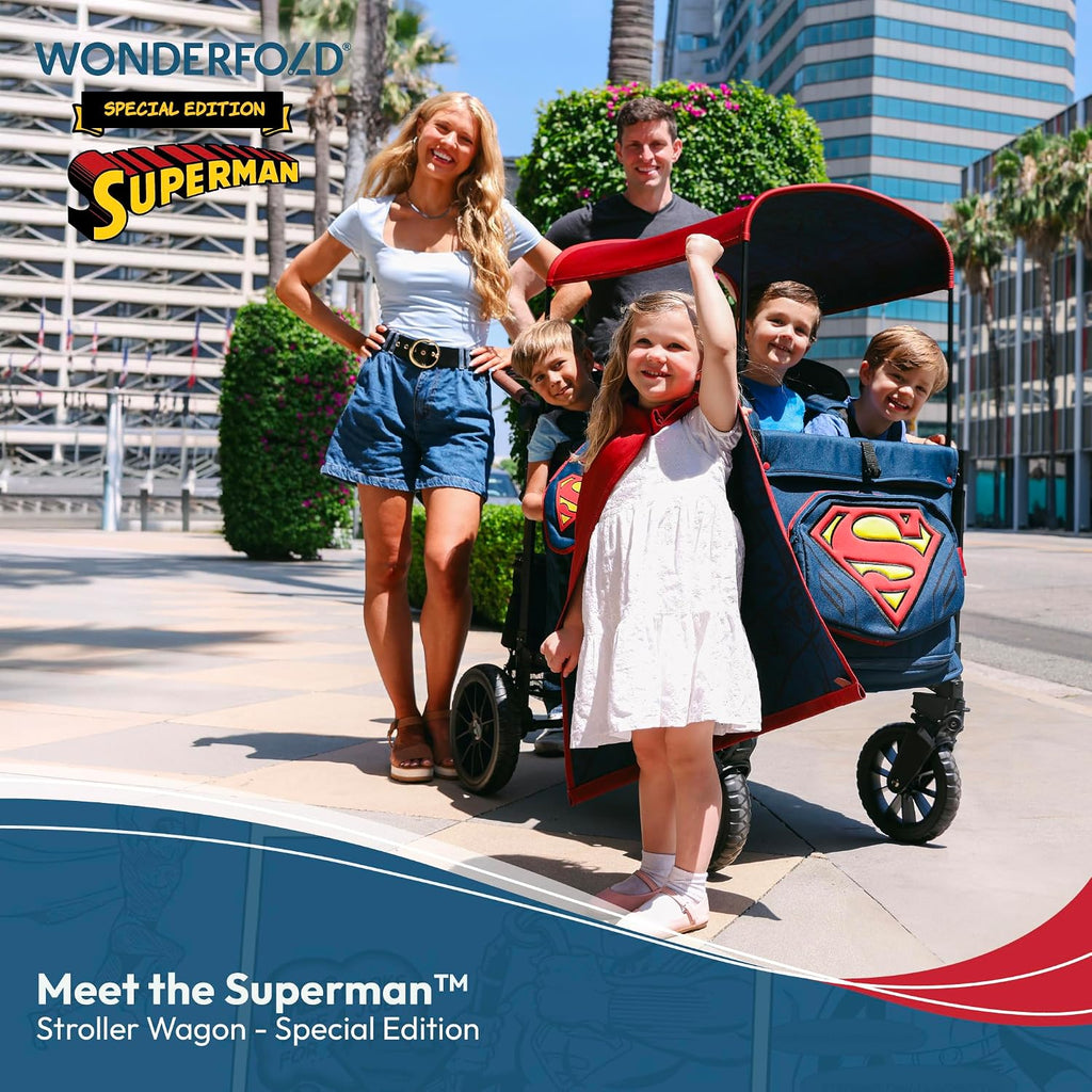 WONDERFOLD W4 Luxe Pro Special Edition Superman Stroller Wagon (4 Seater) - Collapsible Wagon Stroller with Seats with 5-Point Harnesses, Easy Access Zipper Door, and Removable Sun Canopy