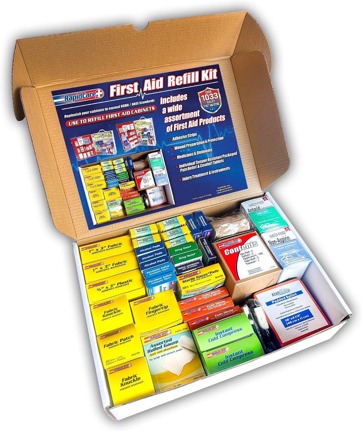 Rapid Care 4-Shelf First Aid Refill Kit - 1033 Piece OSHA & ANSI Compliant First Aid Cabinet Refill, Serves 150+ People, Color-Coded Workplace, Office & School First Aid Supplies