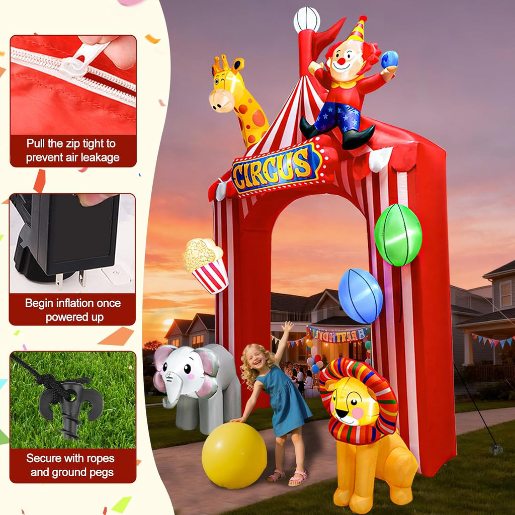Kalolary 10FT Circus Party Arch Outdoor Decoration Inflatable, Blow Up Animal Inflatable with Built-in LED for Carnival Theme Birthday Halloween Christmas Outdoor Yard Garden Decor