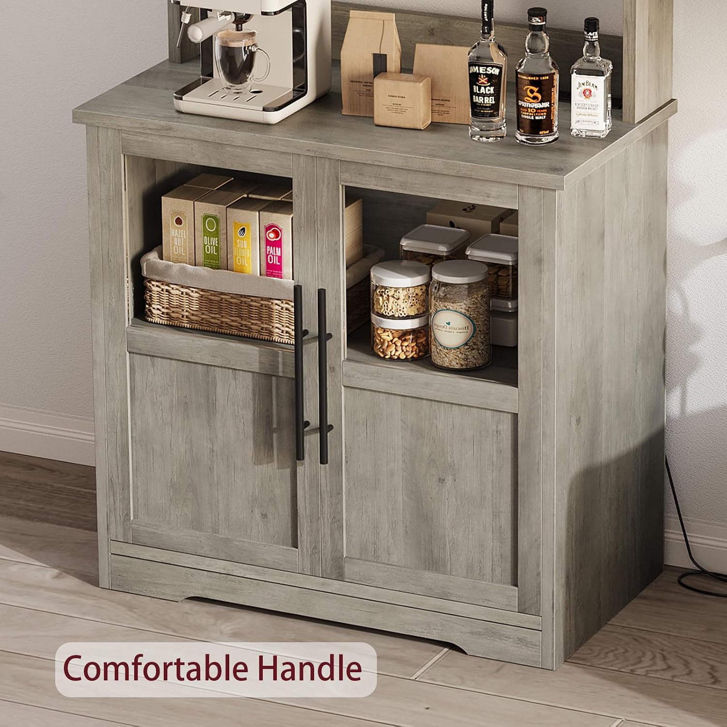 IDEALHOUSE Bakers Rack With Storage Cabinet, Microwave Stand With Power Outlets, Farmhouse Bakers Rack With Thick Table Top, Small Kitchen Pantry for Kitchen,Dining Room,Retro Gray