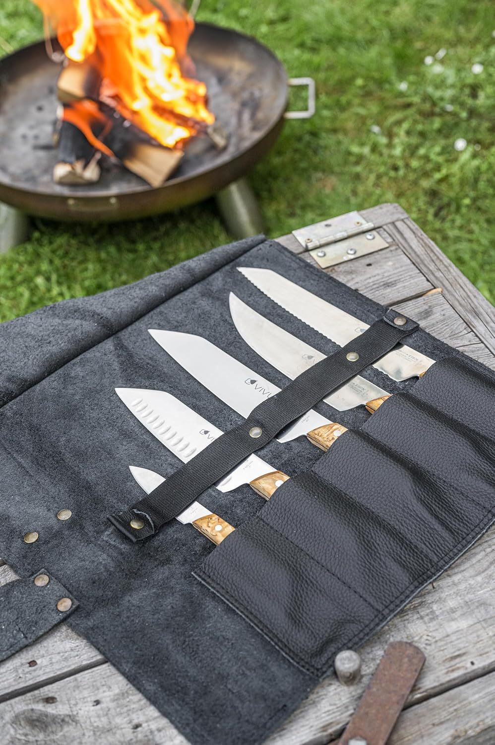 F. DICK Vivum 83668000-01 Leather Roll Bag (5 Pieces, Small Office Knife, Santoku with Scallop Edge, Classic Chef's Knife, BBQ Knife ASADOR, Bread Knife) Brown