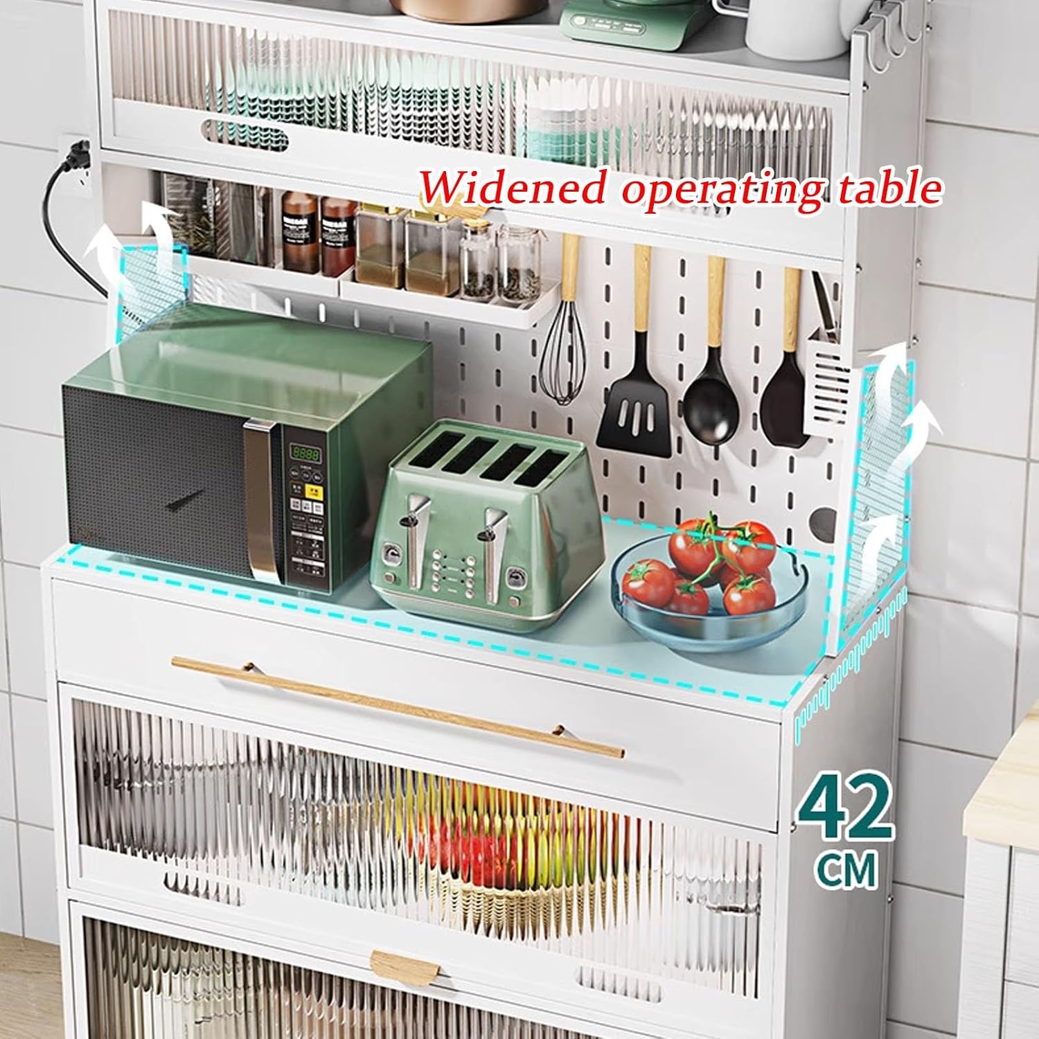 JKGHK 5-Tier Bakers Racks with Storage for Kitchens, Microwave Stand on Wheels with Flip Door Cabinets and Pegboard, Tall Kitchen Pantry Cabinet with Drawer for Home(Black,80cm/31.4in)