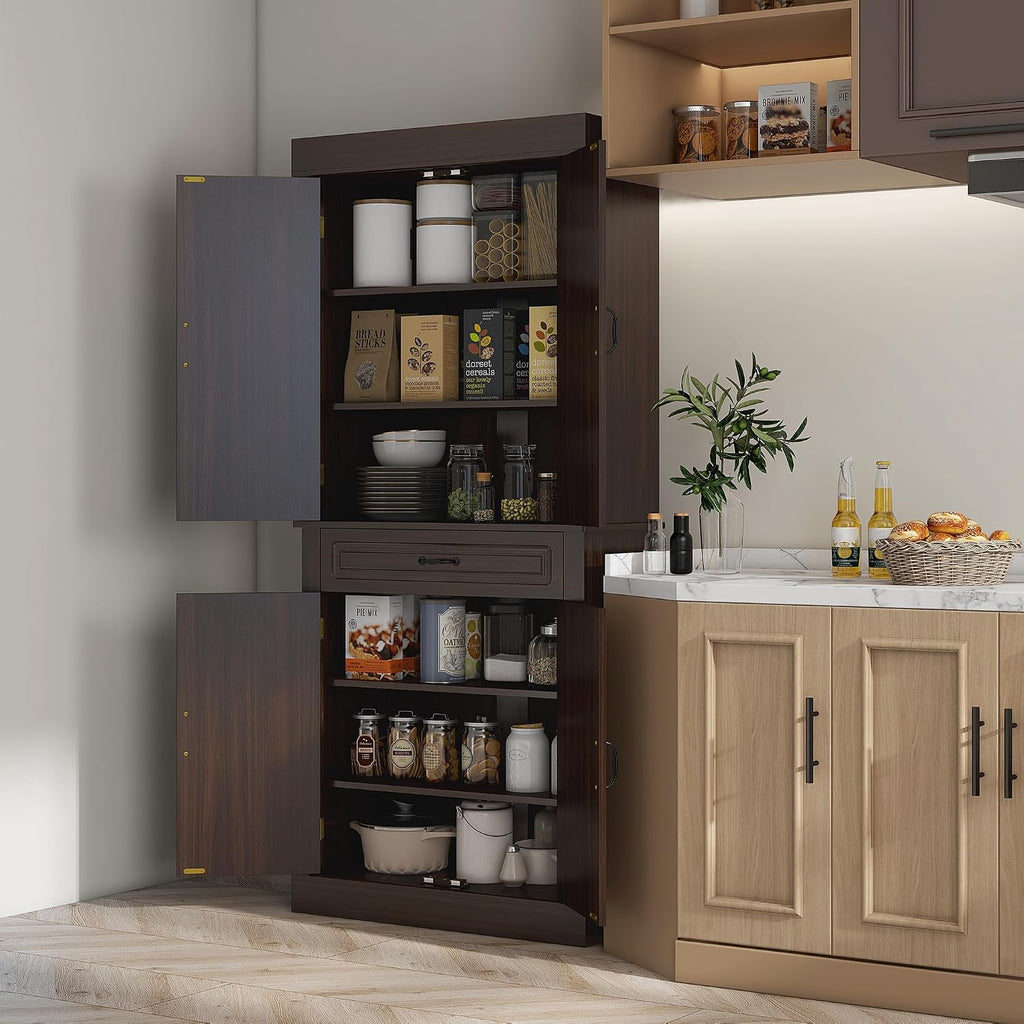 71' 4-Door Freestanding Storage Cabinet, Kitchen Storage Bakers Rack with Wide Drawer, Utility Food Cupboard with Anti-Tipping Design for Kitchen, Coffee