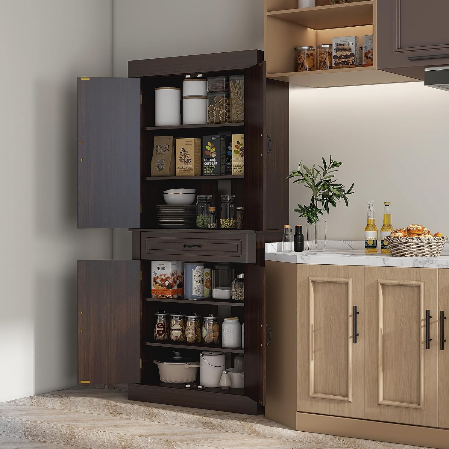 71' 4-Door Freestanding Storage Cabinet, Kitchen Storage Bakers Rack with Wide Drawer, Utility Food Cupboard with Anti-Tipping Design for Kitchen, Coffee
