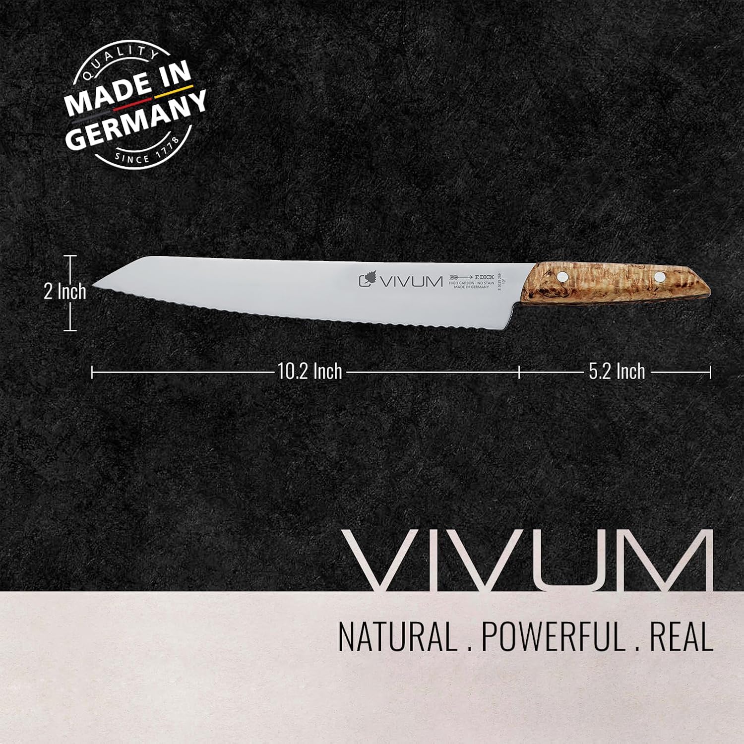 F. DICK – VIVUM Bread Knife – Serrated Knife with 10.2' blade & 58 HRC - Ideal for Bread, fruits & vegetables - Stainless steel - Ultra sharp - Birchwood handle – Made in Germany