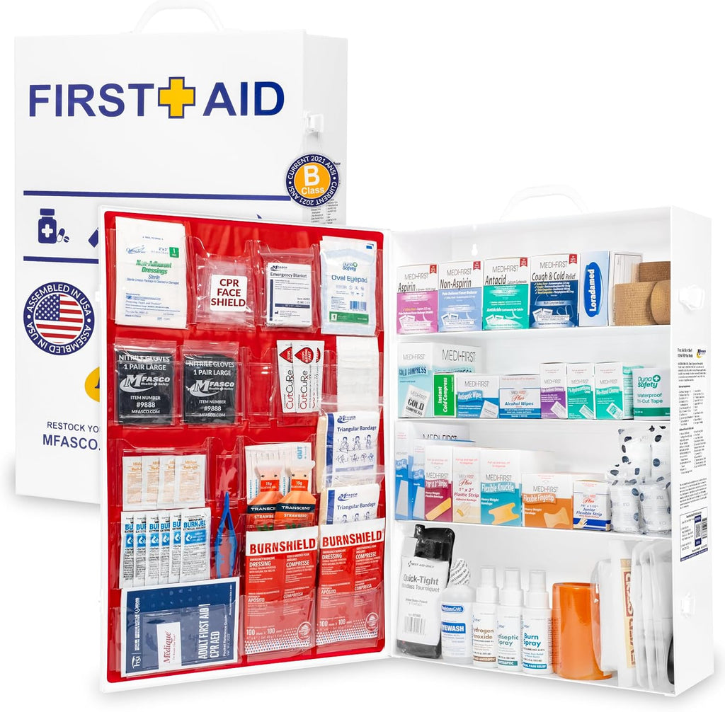 MFASCO Workplace Metal First Aid Kit - 4 Shelf Wall Mount Cabinet with Medications - Large Metal First Aid Box for Office with Supplies - Commercial Grade for Businesses - Emergency Preparedness