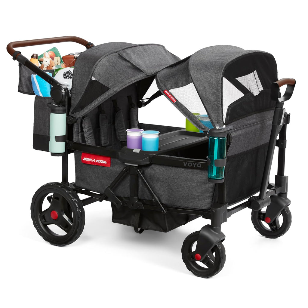 Radio Flyer Voya Quad Stroller Wagon, for Toddlers and Kids 6+ Months, Push or Pull, 4 Seats, Dual Sun Canopies, Compact Fold, Lightweight, Storage Space, 5-Point Harnesses, Stroller Wagon for Kids