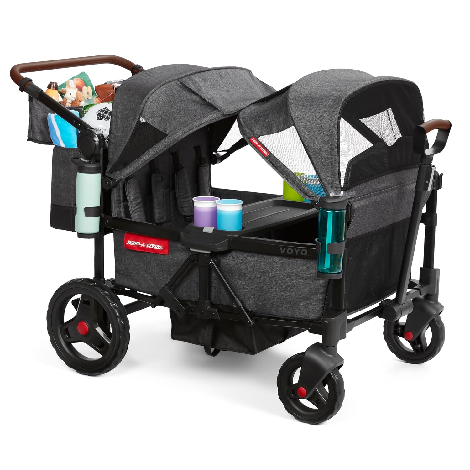 Radio Flyer Voya Quad Stroller Wagon, for Toddlers and Kids 6+ Months, Push or Pull, 4 Seats, Dual Sun Canopies, Compact Fold, Lightweight, Storage Space, 5-Point Harnesses, Stroller Wagon for Kids
