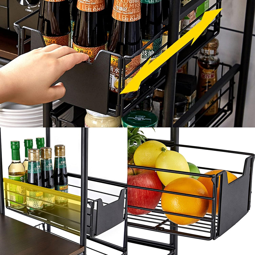 5-Tier Kitchen Bakers Rack Storage Shelf Hutch Holder on Wheels, Industrial Microwave Oven Stand, Standing Kitchen Utility Cart Storage Rack Organizer Rack Pantry with Storage Drawer Rustic