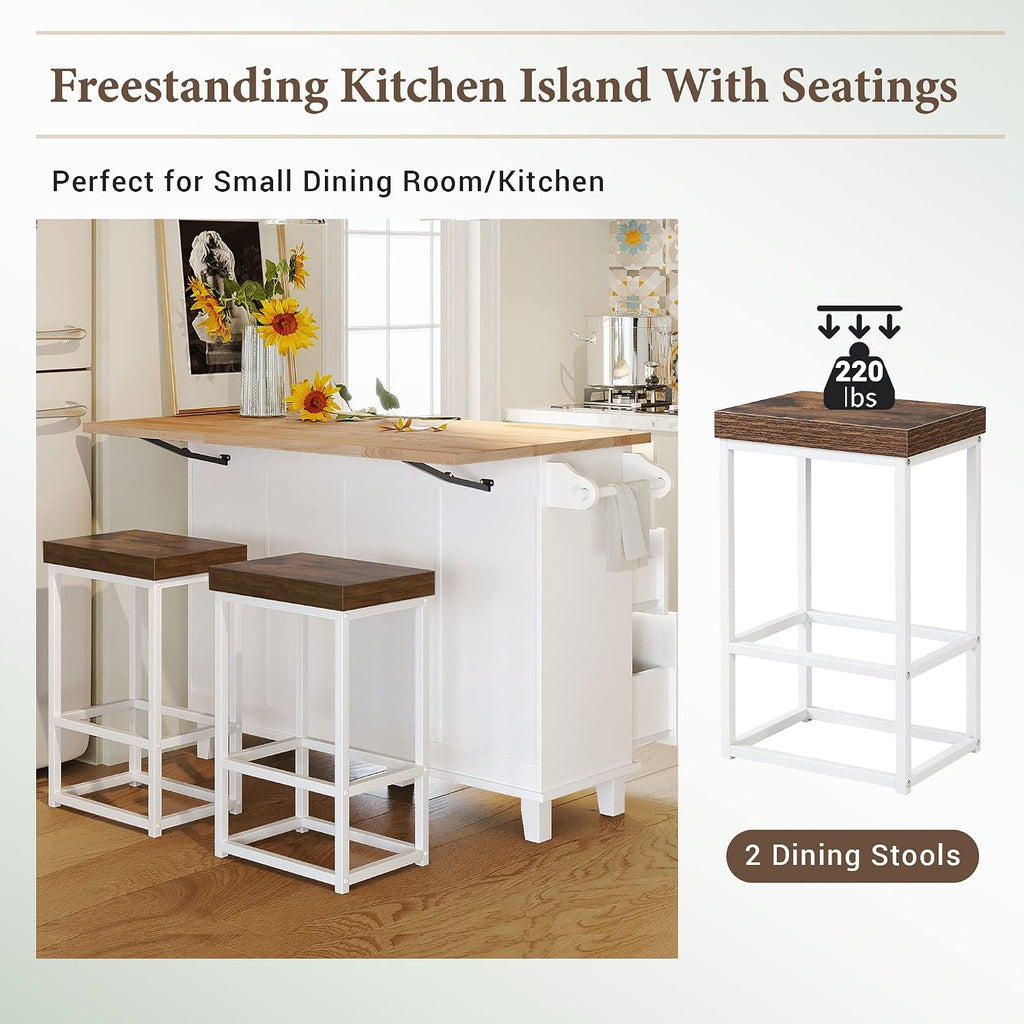 Bellemave 3 Piece Kitchen Bar Table Set Kitchen Island Set with 2 Stools and Drop Leaf, Island Table Set with Seating, Storage Cabinet, Drawers and Towel Rack (White+Rustic Brown)