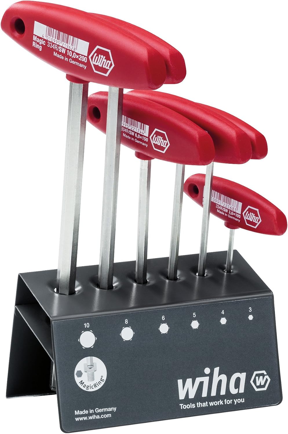Wiha Allen Wrench with Cross Handle Set Hexagonal Clamping Ring Function MagicRing® for Holding Screws without Magnet 6 Pieces Shiny Nickel-Plated in Workbench Stand (22096)