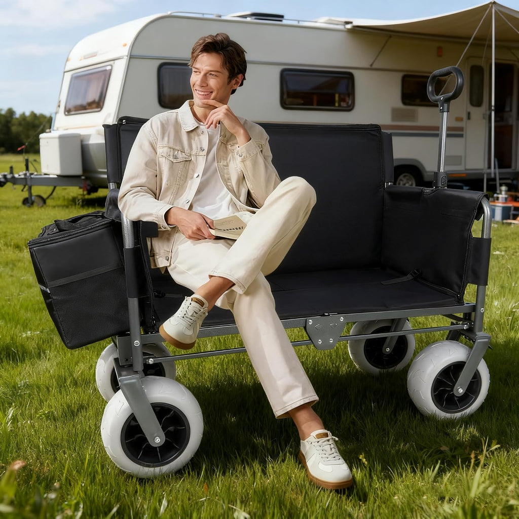 Black Collapsible Wagon, Bench Seat & Storage, All-Terrain Wheels, Steel Frame, Folding Camping Cart for Beach, Sports, Fish, 40.94x20.47x44.29 in