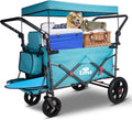 TMZ Collapsible Wagon with 2 Foldable Seats, Folding Wagon with Canopy, Multi Functional Cart with Adjustable Handle Bar, Front Expandable for Transport Camping (Turquoise/Grey)