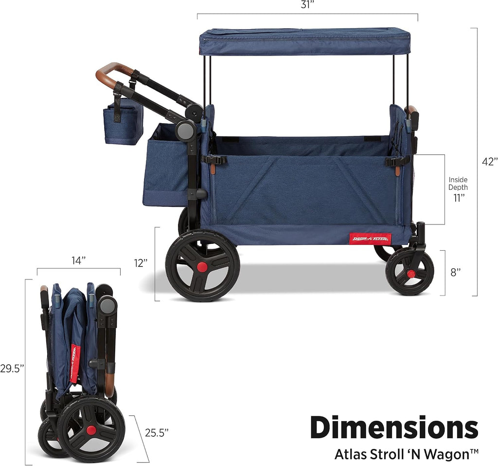 Radio Flyer Atlas Stroll 'N Wagon, Navy Blue, For Ages 1+, 3-in-1 Push or Pull Versatility, One-Hand Fold, UV Canopy, 5-Point Harnesses, Storage Capabilities, Rubber Wheels, Stroller Wagon for Kids