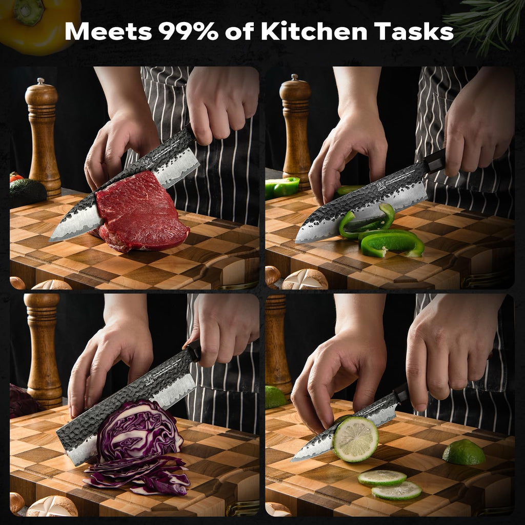 FAMCüTE Japanese Knife Block Set, Hand Forged 5-Layer 9CR18MOV Clad Steel Ultra Sharp Kitchen Knives with Wooden Storage & Rosewood Handle, Includes Chef, Santoku, Nakiri, Fruit Knife for Home Mom/Dad