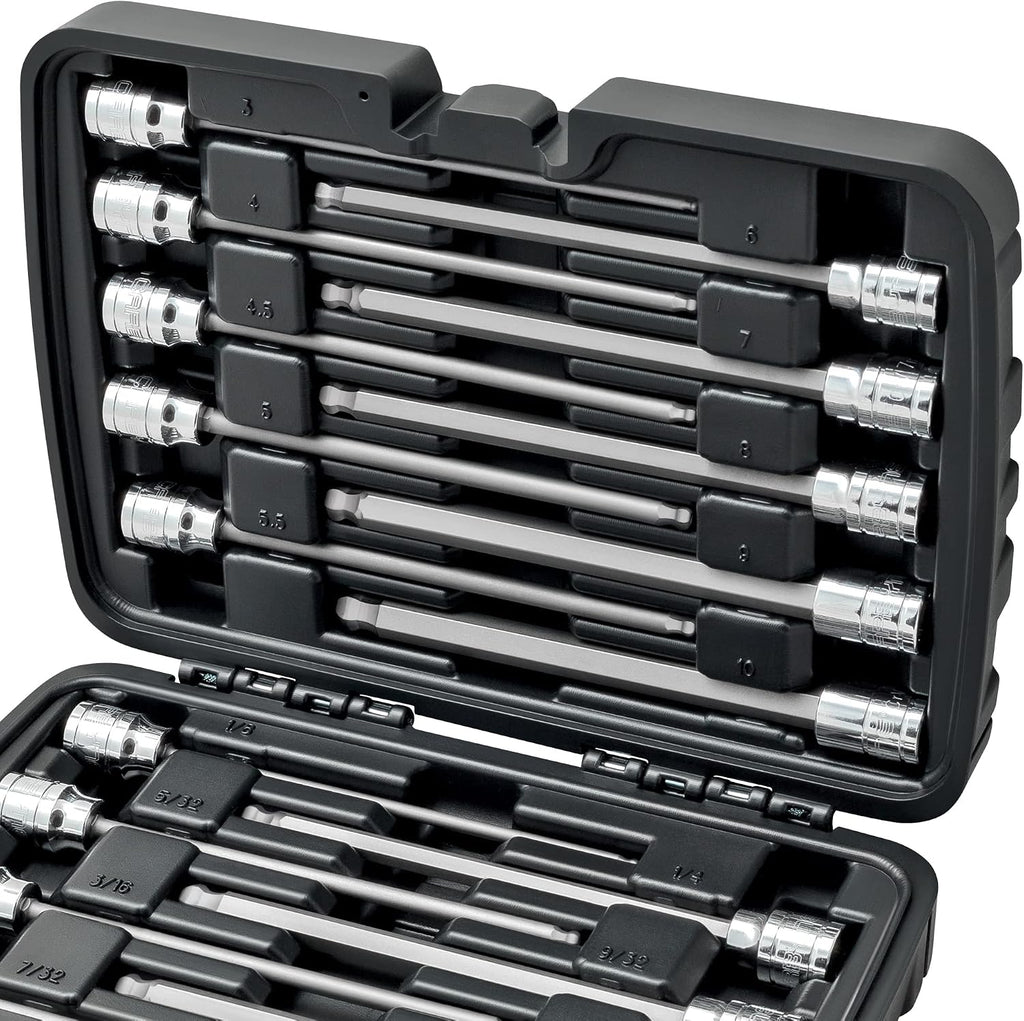 CARBYNE 18-Piece Extra Long Ball End Hex (Allen) Bit Socket Set, Metric and SAE, S2 Steel Bits, 3/8 in. Drive, 6.1 in. Overall Length, Zinc Phosphate Finish, Durable Storage Case