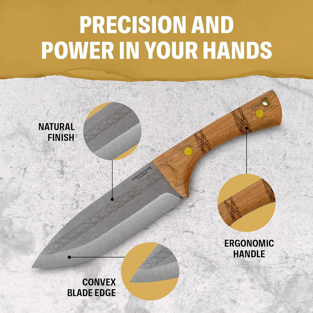 Condor Tool & Knife Pictus Knife | 1095 High Carbon Steel Fixed Blade Knife with Hand Crafted Welted Leather Sheath | Bushcraft Knife with Burnt Hickory Handle | 6.1in Blade | 3mm Thick | 14.1oz