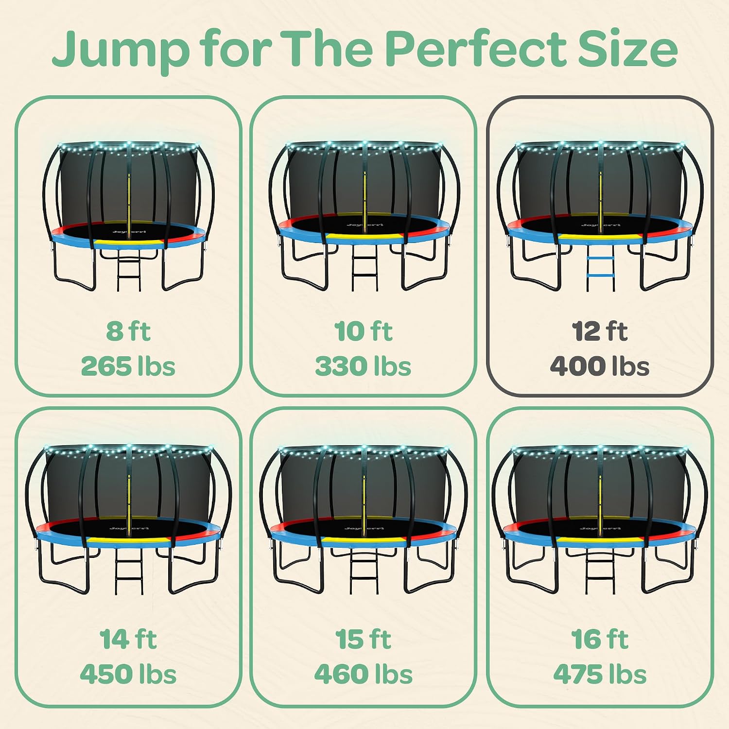 JoyBerri Trampoline Outdoor - Upsurge ASTM Certified Safe 8Ft 10Ft 12Ft 14Ft 15Ft 16Ft Recreational Trampoline for Kids and Adults. Anti-Rust Coating with Enclosure Net, Ladder, Sprinkler & LED Lights