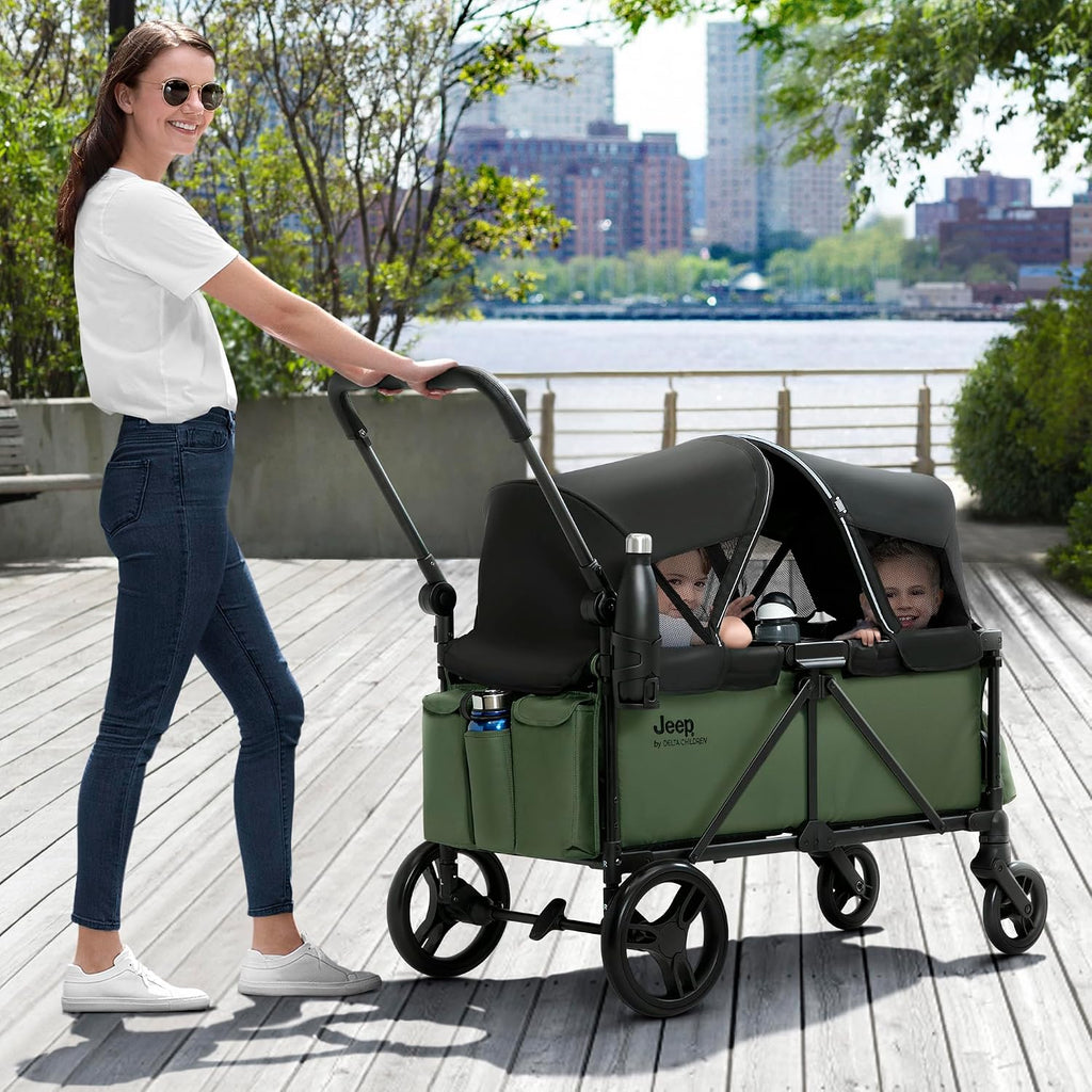 Jeep Sport Stroller Wagon by Delta Children, Black/Green | Stroller Wagon with 2 Canopies, Parent Organizer, Cup Holders, Adjustable Handlebar and Child Snack Tray