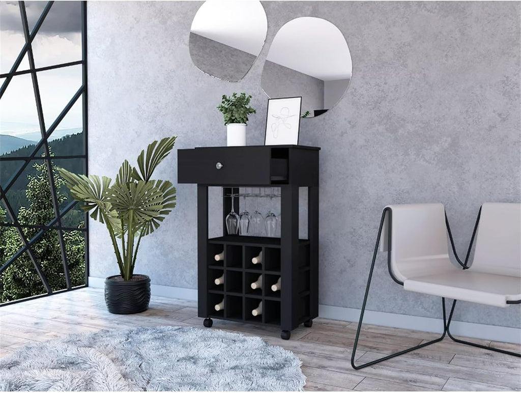 Modern Wine Cabinet,Wine Baker Rack with 1-Drawer&12-Bottle Wine Cabinet Bar Cabinet for Bar,Kitchen,Dining Room,Black