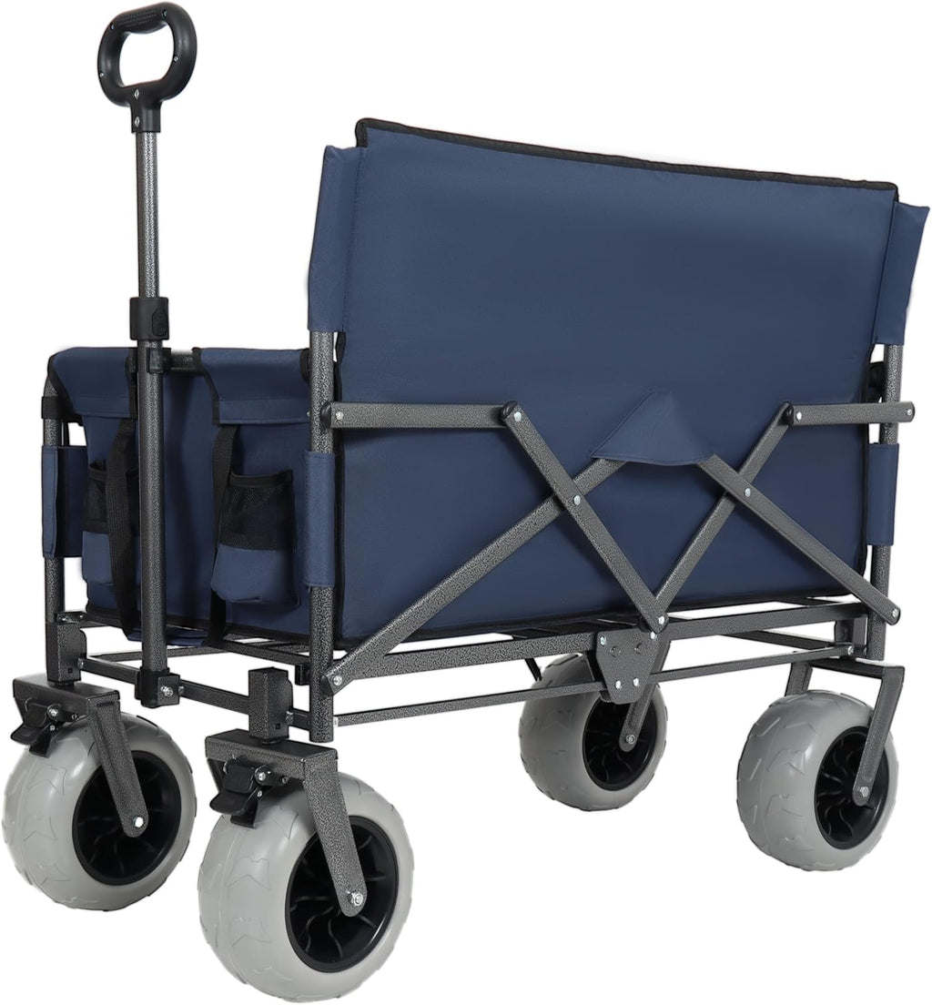 【LuckyNote】 3-in-1 Folding Wagon with Bench Seat – 500lbs Capacity, 9'x4' Beach Tires for Camping & Beach (Dark Blue)