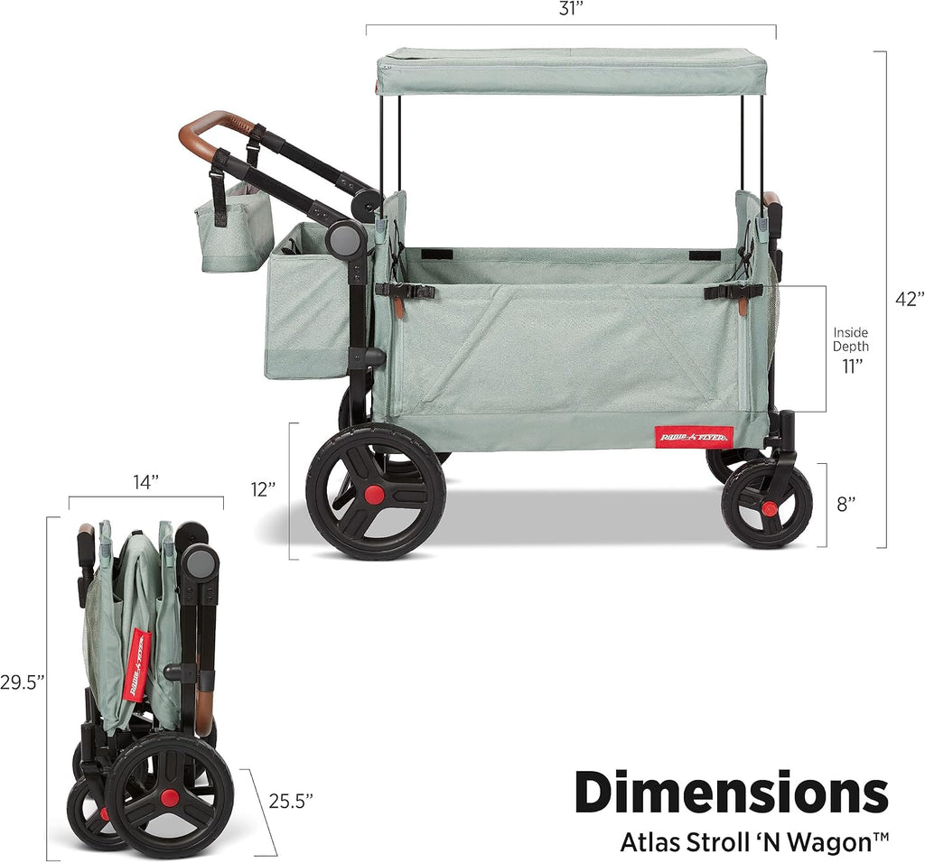 Radio Flyer Atlas Stroll 'N Wagon, Sage Green, for Ages 1+, 3-in-1 Push or Pull Versatility, One-Hand Fold, UV Canopy, 5-Point Harnesses, Storage Capabilities, Rubber Wheels, Stroller Wagon for Kids